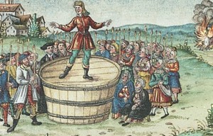 Hans Böhm, der Pauker von Niklashausen, als Prediger vor Wallfahrern mit Votivkerzen (Illustration aus der Echter-Chronik, 1. Hälfte 16. Jh.)
