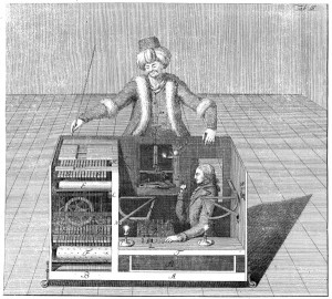 Wolfgang von Kempelen: Türkischer Schachspieler \(Kupferstich aus dem Buch: Freiherr Joseph Friedrich zu Racknitz, Ueber den Schachspieler des Herrn von Kempelen, Leipzig und Dresden 1789\)